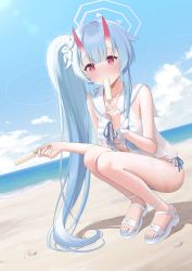 Rule 34 | 1girl, absurdres, beach, bikini, blue archive, blue hair, blue sky, chise (blue archive), chise (swimsuit) (blue archive), commentary request, flower, food, food in mouth, hair flower, hair ornament, halo, highres, holding, holding food, horns, long hair, ocean, oni horns, popsicle, popsicle in mouth, red eyes, rishida haru, sailor collar, sandals, side-tie bikini bottom, sky, solo, squatting, striped bikini, striped clothes, swimsuit, very long hair, white footwear, white sailor collar