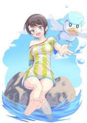 Rule 34 | 1girl, aqua eyes, bare legs, bare shoulders, barefoot, bird, blue-footed booby, breasts, brown hair, dorai, fisheye, highres, hololive, looking at viewer, loose clothes, loose shirt, medium breasts, naked shirt, off shoulder, oozora subaru, oozora subaru (1st costume), open mouth, oversized clothes, oversized shirt, reaching, reaching towards viewer, shirt, shirt slip, short hair, short sleeves, sitting, smile, soles, striped clothes, striped shirt, swept bangs, t-shirt, taut clothes, taut shirt, toes, two-tone shirt, vertical-striped clothes, vertical-striped shirt, virtual youtuber, wet, wet clothes, wet shirt