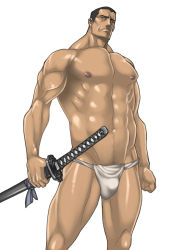 Rule 34 | 1boy, abs, bara, bulge, crotch, male focus, muscular, rabbit (pixiv744412), topless male, solo, sword, tagme, weapon