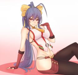 Rule 34 | 1girl, antenna hair, backless outfit, bad id, bad pixiv id, blazblue, blazblue: central fiction, blazblue variable heart, blue hair, bluefield, blush, bow, breasts, covered erect nipples, fingerless gloves, genderswap, genderswap (mtf), gloves, groin, hair between eyes, hair bow, highres, large breasts, long hair, looking at viewer, lowleg, lowleg pants, mai natsume, navel, no bra, no panties, pants, ponytail, purple eyes, red eyes, revealing clothes, ribbon, sideboob, sidelocks, sitting, smile, solo, very long hair, yellow bow