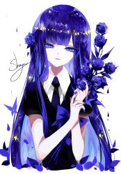 Rule 34 | 1other, absurdres, androgynous, artist name, blue bow, blue eyes, blue flower, blue hair, blue nails, blue necktie, blue rose, bow, bug, butterfly, commentary, eyelashes, flower, gem uniform (houseki no kuni), hair flower, hair ornament, hands up, head tilt, highres, holding, holding flower, houseki no kuni, insect, lapis lazuli (houseki no kuni), long hair, looking at viewer, nail polish, necktie, parted lips, petals, puffy short sleeves, puffy sleeves, rose, rose petals, sheya, short sleeves, signature, simple background, smile, solo, sparkle, upper body, very long hair, white background