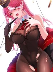Rule 34 | 1girl, ascot, aya02ka, bare shoulders, bodystocking, breasts, cleavage, covered navel, dress, fang, folded fan, folding fan, hair bun, hand fan, hat, hat feather, heterochromia, highres, holding, holding fan, hololive, houshou marine, houshou marine (marching band), large breasts, leotard, long hair, looking at viewer, official alternate hair color, official alternate hairstyle, pantyhose, plume, red ascot, red eyes, red hair, see-through, see-through cleavage, see-through leotard, shako cap, sharp teeth, short dress, single side bun, solo, teeth, torn bodystocking, torn clothes, torn pantyhose, virtual youtuber, wing collar