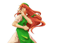 Rule 34 | 1girl, bad id, bad pixiv id, braid, capcom, china dress, chinese clothes, dress, female focus, fighting stance, frown, hat, hong meiling, immaterial and missing power, long hair, parody, red hair, ribbon, serious business, shibasaki shouji, simple background, solo, street fighter, touhou, twin braids, twintails, white background, yang lee