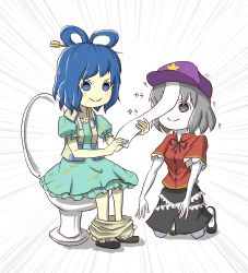 Rule 34 | 2girls, black ribbon, black skirt, bloomers, blue dress, blue eyes, blue hair, commentary request, dress, grey eyes, grey hair, hair ornament, hair rings, hair stick, hat ornament, highres, jiangshi, kaku seiga, kneeling, mandarin collar, miyako yoshika, multiple girls, one-hour drawing challenge, open clothes, open vest, outstretched arms, peroponesosu., red shirt, ribbon, shirt, short hair, sitting, skirt, smile, star (symbol), star hat ornament, toilet, touhou, underwear, vest, white vest, zombie pose