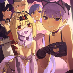 Rule 34 | 5girls, artoria pendragon (all), artoria pendragon (fate), bare shoulders, bb (fate), black hair, blonde hair, breasts, cad (caddo), fate/grand order, fate (series), helena blavatsky (fate), highres, ishtar (fate), large breasts, long hair, looking at viewer, multiple girls, nero claudius (fate), nero claudius (fate) (all), purple hair, queen draco (fate), santa alter, small breasts