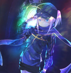 Rule 34 | 1girl, ahoge, arm up, artoria pendragon (fate), baseball cap, black shorts, blonde hair, blue eyes, blue hat, blue jacket, blue scarf, closed mouth, commentary request, fate/grand order, fate (series), fingernails, hair through headwear, hand on headwear, hat, head tilt, highres, jacket, long hair, long sleeves, looking at viewer, mysterious heroine x (fate), ponytail, puffy long sleeves, puffy sleeves, rojiura satsuki: chapter heroine sanctuary, sakazakinchan, scarf, short shorts, shorts, solo, standing