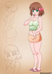 Rule 34 | 1girl, absurdres, ass, blush, bow, breasts, brown background, brown hair, brown skirt, cleavage, collarbone, dakunart, finger to mouth, floral print, from behind, green eyes, green shirt, hair bow, hand on own chest, highres, large breasts, looking at viewer, midriff, multiple views, navel, open mouth, print footwear, purple footwear, sandals, shirt, short hair, sketch, skirt, smile, standing, tank top, upper body