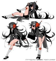 Rule 34 | 1girl, :d, :p, adjusting clothes, adjusting headwear, black footwear, black hair, black nails, black shorts, branch, coat, flat color, flower, gagyogava, genshin impact, ghost pose, grey coat, grey headwear, hat, hat flower, hu tao (genshin impact), jewelry, limited palette, long hair, long sleeves, multiple rings, multiple views, nail polish, open mouth, porkpie hat, red flower, ring, shoes, short shorts, shorts, sidelocks, simple background, sitting, sleeves past wrists, smile, socks, talisman, tongue, tongue out, twintails, very long hair, white background, white legwear