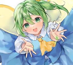 Rule 34 | 1girl, ascot, commentary, daiyousei, flua (fee de la), green eyes, green hair, hair between eyes, highres, looking at viewer, open mouth, reaching, reaching towards viewer, short sleeves, side ponytail, simple background, smile, solo, teeth, touhou, upper teeth only, white background, wings, yellow ascot
