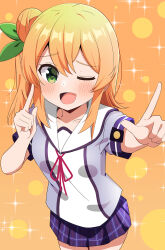 1girl ;d absurdres blue_shirt blush collarbone commentary_request cowboy_shot green_eyes green_ribbon hair_bun hair_ribbon highres hinatsuki_mikan hosinonana index_fingers_raised machikado_mazoku medium_hair neck_ribbon one_eye_closed open_mouth orange_background orange_hair plaid_clothes plaid_skirt purple_skirt red_ribbon ribbon sailor_collar school_uniform shirt short_sleeves single_hair_bun skirt smile solo sparkle white_sailor_collar