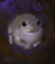Rule 34 | abstract background, black eyes, closed mouth, creature, faux traditional media, frog, full body, highres, looking at viewer, no humans, painterly, purple background, purple theme, smile, solo, yuming li