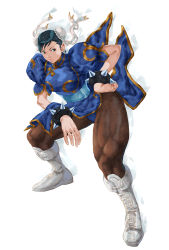 Rule 34 | 1girl, black hair, boots, bracelet, breasts, brown eyes, brown hair, bun cover, capcom, china dress, chinese clothes, chun-li, double bun, dress, earrings, jewelry, large breasts, muscular, muscular female, nt (gun-ash), pantyhose, pelvic curtain, puffy sleeves, short hair, solo, spiked bracelet, spikes, street fighter, thick thighs, thighs, toned