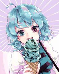 Rule 34 | 1girl, ahoge, blue eyes, blue hair, blue shirt, breasts, commentary, double scoop, food, hand up, heterochromia, highres, holding, holding food, ice cream, ice cream cone, juliet sleeves, long sleeves, medium breasts, medium hair, mint chocolate, mint chocolate chip, oil-paper umbrella, puffy sleeves, purple umbrella, red eyes, shirt, solo, tatara kogasa, touhou, umbrella, wasabisuke, white shirt