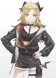 Rule 34 | 1girl, ahoge, aiv, arknights, black choker, black jacket, black shirt, black shorts, blonde hair, choker, commentary request, cowboy shot, crop top, gradient background, grey background, highres, horns, ifrit (arknights), jacket, long sleeves, midriff, official alternate costume, orange eyes, shirt, shorts, solo, standing, tail, thigh strap, white background