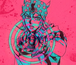 Rule 34 | 1boy, aqua theme, concentric circles, gedoooo, hat, horseshoe, johnny joestar, jojo no kimyou na bouken, looking at viewer, male focus, pink theme, pointing, pointing at viewer, solo, splatter, spot color, star (symbol), steel ball run, upper body, wristband