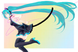 Rule 34 | absurdly long hair, animal ears, aqua eyes, aqua hair, backless dress, backless outfit, bell, boots, bow, cat ears, cat girl, cat tail, collar, dress, dress bow, from side, gradient background, hafu (fledge), hatsune miku, high heel boots, high heels, highres, jingle bell, kemonomimi mode, leash, lifted by tail, long hair, neck bell, neon trim, outside border, shoes, simple background, solo, tail, thigh boots, thighhighs, twintails, very long hair, vocaloid