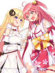 Rule 34 | 2girls, ahoge, blonde hair, blush, breasts, commentary request, detached sleeves, green eyes, harp, highres, hololive, horns, instrument, looking at another, mi taro333, multiple girls, nontraditional miko, open mouth, pink hair, purple eyes, rock paper scissors, sakura miko, sakura miko (1st costume), sheep horns, simple background, smug, surprised, tears, tsunomaki watame, tsunomaki watame (1st costume), virtual youtuber, white background