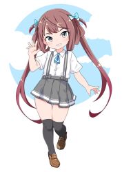 Rule 34 | 1girl, arm at side, asagumo (kancolle), ascot, black thighhighs, blue ascot, blue bow, blue eyes, blush, bow, brown footwear, brown hair, collared shirt, commentary request, dress shirt, flat chest, full body, grey skirt, grin, hair bow, hand up, kantai collection, long hair, looking at viewer, miniskirt, nassukun, pleated skirt, shirt, shoes, short sleeves, skirt, smile, solo, standing, standing on one leg, suspender skirt, suspenders, thigh gap, thighhighs, twintails, very long hair, waving, white shirt