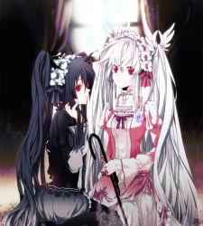 Rule 34 | 2girls, bad id, bad pixiv id, black dress, black hair, dress, flower, frills, gothic lolita, hairband, lolita fashion, lolita hairband, long hair, manyako (mohumohu), multiple girls, red eyes, rose, twintails, very long hair, white hair