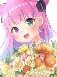 Rule 34 | 1girl, :d, bare shoulders, bouquet, crescent, crescent earrings, double bun, earrings, flower, gradient hair, green eyes, hair bun, heterochromia, highres, himemori luna, himemori luna (4th costume), hololive, jewelry, long hair, looking at viewer, mochiko (yawamochi851), multicolored hair, necklace, official alternate hairstyle, open mouth, pearl necklace, pink hair, purple eyes, purple hair, smile, solo, teeth, upper teeth only, virtual youtuber