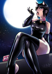 Rule 34 | 1girl, animal ears, bare shoulders, bell, black hair, black leotard, blue eyes, boots, bowl, breasts, cat ears, cat girl, cat tail, collar, cum, cum in container, cum in mouth, cum on clothes, cum on fingers, cum on tongue, cum string, elbow gloves, full moon, gloves, gokkun, hair over one eye, highleg, highleg leotard, highres, jingle bell, kemonomimi mode, latex, latex boots, latex gloves, latex leotard, crossed legs, leotard, long legs, medium breasts, moon, night, open mouth, original, outdoors, pet bowl, pink collar, ryuusei&#039;s short-haired girl, ryuusei (mark ii), short hair, sidelocks, signature, sitting, sky, solo, star (sky), starry sky, tail, taut leotard, thigh boots, thighhighs, thighs, tongue, tongue out
