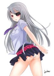 Rule 34 | 10s, 1girl, ass, bishop weyland, blush, breasts, eyepatch, infinite stratos, laura bodewig, long hair, looking at viewer, necktie, open mouth, panties, parted lips, red eyes, shiny skin, silver hair, simple background, skirt, solo, underwear, very long hair, white background