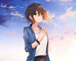 Rule 34 | 1girl, bad hand, blue jacket, blue sky, blush, breasts, brown eyes, brown hair, cloud, collarbone, day, earrings, fingers together, jacket, jewelry, necklace, original, outdoors, shirt, short hair, sky, small breasts, solo, tamatabe, watch, white shirt, wristwatch