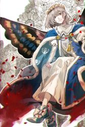 Rule 34 | 1boy, blue eyes, butterfly wings, cape, crown, fate/grand order, fate (series), floral background, fur-trimmed cape, fur trim, insect wings, kyouichi, male focus, oberon (fate), petals, smile, wings