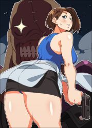 Rule 34 | + +, 1boy, 1girl, absurdres, ass, black skirt, blue eyes, blue panties, breasts, brown hair, capcom, casual, clothes around waist, from behind, gun, handgun, highres, holding, holding gun, holding weapon, jill valentine, large breasts, leaning forward, miniskirt, monster boy, nemesis (resident evil), nisego, panties, pantyshot, pistol, resident evil, resident evil 3, resident evil 3: nemesis, short hair, skirt, sleeveless, standing, sweater, sweater around waist, teeth, thick thighs, thighs, underwear, weapon
