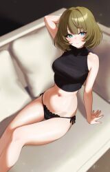 1girl 24riside absurdres bare_shoulders black_panties black_shirt blue_eyes breasts crop_top green_eyes green_hair heterochromia highres idolmaster idolmaster_cinderella_girls looking_at_viewer medium_breasts mole mole_under_eye navel panties shirt short_hair side-tie_panties sitting sleeveless sleeveless_turtleneck smile solo takagaki_kaede thighs turtleneck underwear