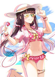 Rule 34 | 10s, 1girl, ;), absurdres, alternate hairstyle, arm up, bikini, blush, breasts, brown hair, closed mouth, commentary request, day, drop shadow, frilled bikini, frills, green eyes, groin, hat, highres, holding, holding microphone, horizon, index finger raised, jacket, kurosawa dia, long hair, love live!, love live! school idol festival, love live! sunshine!!, low twintails, medium breasts, microphone, mole, mole under mouth, navel, ocean, one eye closed, open clothes, open jacket, pink bikini, polka dot, polka dot bikini, shaka (staito0515), short sleeves, smile, solo, standing, standing on one leg, sun hat, sunglasses, swimsuit, twintails, very long hair, white-framed eyewear, white hat, white jacket, wrist cuffs