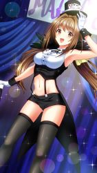 Rule 34 | 1girl, :d, armpits, black hat, black shorts, black thighhighs, breasts, brown eyes, brown hair, card, crop top, doukyuusei another world, floating hair, game cg, gloves, gluteal fold, hair intakes, hat, kakyuusei 2, lens flare, long hair, medium breasts, midriff, navel, official art, open mouth, saimon tamaki, shiny clothes, shiny legwear, short shorts, shorts, sleeveless, smile, solo, sparkle, standing, stomach, suspender shorts, suspenders, thighhighs, twintails, very long hair, white gloves, zettai ryouiki