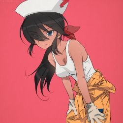 Rule 34 | 10s, 1girl, akagi (fmttps), artist name, black eyes, black hair, bow, breasts, cleavage, closed mouth, clothes pull, commentary, cosplay, cowboy shot, dark-skinned female, dark skin, dixie cup hat, eyes visible through hair, girls und panzer, gloves, hair bow, hair over one eye, hands on thighs, hat, hat feather, hoshino (girls und panzer), hoshino (girls und panzer) (cosplay), jumpsuit, leaning forward, lips, long hair, looking at viewer, mechanic, medium breasts, military hat, ogin (girls und panzer), orange jumpsuit, ponytail, red background, red bow, shirt, shirt pull, smile, solo, standing, tank top, tied shirt, twitter username, uniform, white gloves, white hat, white shirt