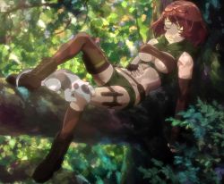 Rule 34 | 10s, 1girl, animal, barbara (grimgar), breasts, closed eyes, forest, hai to gensou no grimgar, large breasts, lying, nature, red hair, screencap, short hair, sleeping, stitched, third-party edit, underboob
