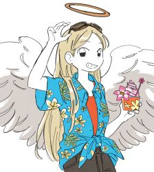 Rule 34 | 1girl, angel, angel wings, arm up, black eyes, blonde hair, blue shirt, casual, cowboy shot, cup, disposable cup, dot nose, dress shirt, eyewear on head, feathered wings, floral print, flower, food, from side, frozen yogurt, garnish, grin, hair behind ear, hair over shoulder, halo, hand up, holding, holding cup, holding food, ice cream, ice cream cup, leaf print, long hair, looking at viewer, looking to the side, monaka (siromona), open clothes, open shirt, original, parted bangs, pink flower, print shirt, shirt, short sleeves, simple background, smile, soft serve, solo, standing, straight hair, sunglasses, tied shirt, unbuttoned, unbuttoned shirt, undershirt, waving, white background, white wings, wide sleeves, wing collar, wings