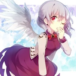 Rule 34 | 1girl, bad id, bad twitter id, black hair, bow, bowtie, dress, hand on own face, kishin sagume, long sleeves, looking at viewer, one eye closed, open clothes, red eyes, short hair, silver hair, single wing, solo, suzuna (mark of luck), touhou, white wings, wings