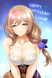 Rule 34 | 1girl, artist name, bare shoulders, blue background, breasts, breasts squeezed together, brown hair, character name, cleavage, closed mouth, collarbone, commentary request, corset, den (dendenkog), dress, flower, genshin impact, gradient background, green eyes, hair between eyes, happy birthday, hat, hat flower, heart, highres, large breasts, light blue background, light blush, lisa (genshin impact), long hair, looking at viewer, no headwear, pink lips, purple corset, purple flower, purple hat, purple rose, rose, signature, sleeveless, sleeveless dress, smile, solo, sparkle, upper body, v arms, white background, witch