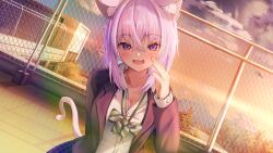 Rule 34 | 1girl, :d, absurdres, animal ears, black jacket, bow, bowtie, breasts, cat ears, cat girl, cat tail, chain-link fence, fang, fence, highres, hololive, jacket, long sleeves, looking at viewer, medium breasts, nekomata okayu, nyoon, on rooftop, open clothes, open jacket, open mouth, plaid, plaid skirt, purple eyes, purple hair, rooftop, shirt, skirt, smile, tail, twilight, virtual youtuber, white shirt