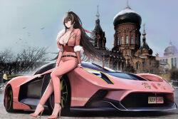 Rule 34 | 1girl, absurdres, alternate costume, antenna hair, azur lane, bandeau, belt, black belt, black hair, blonde hair, breasts, car, cleavage, closed mouth, collarbone, commentary, commission, cropped jacket, crossed bangs, feather boa, full body, hair between eyes, harbin (azur lane), high heels, highres, jacket, kcar66t, large breasts, location request, long hair, long sleeves, looking at viewer, midriff, mole, mole under eye, motor vehicle, multicolored hair, navel, open clothes, open jacket, outdoors, pants, pink footwear, pink jacket, pink pants, pixiv commission, ponytail, race queen, real world location, red vest, sidelocks, sitting, sitting on car, smile, solo, streaked hair, vehicle request, very long hair, vest, white bandeau, yellow eyes