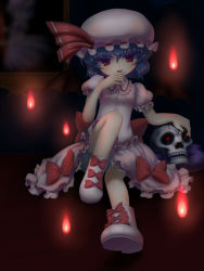 Rule 34 | 1girl, bat wings, blue hair, bow, hat, highres, looking at viewer, mob cap, red eyes, remilia scarlet, short hair, sitting, skull, solo, tongue, tongue out, touhou, wings, zimajiang