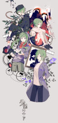 Rule 34 | 1girl, absurdres, aged down, aged up, aibivy, baseball cap, black footwear, black headwear, black jacket, black pants, black skirt, burning, commentary request, film strip, fire, flower, green hair, hat, highres, hood, hoodie, jacket, kagerou project, kido tsubomi, long hair, looking at viewer, multiple views, pants, picture frame, purple eyes, purple footwear, purple hoodie, purple jacket, scissors, shirt, shissou word (vocaloid), shoes, short hair, skirt, smile, snake, vocaloid, white flower, white shirt
