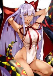Rule 34 | 1girl, ;d, armpits, arms behind head, arms up, bare legs, bb (fate), bb (fate) (all), bb (swimsuit mooncancer) (fate), bb (swimsuit mooncancer) (third ascension) (fate), blanket, blurry, bow, breasts, covered navel, dark-skinned female, dark skin, fate/grand order, fate (series), hair bow, highleg, highleg leotard, highres, kneeling, large breasts, leotard, long hair, looking at viewer, neck ribbon, one eye closed, open mouth, purple eyes, purple hair, red bow, red ribbon, ribbon, sideboob, simple background, smile, snake, solo, straight hair, very long hair, white background, white leotard, yoshio (55level)