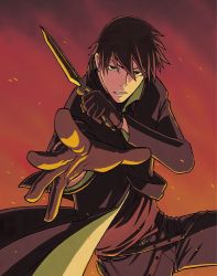 Rule 34 | 1boy, angry, black eyes, black hair, coat, cowboy shot, darker than black, foreshortening, gloves, gradient background, hei (darker than black), iwahara yuuji, male focus, non-web source, official art, red background, scan, solo, weapon