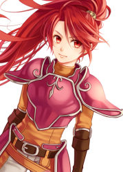 Rule 34 | 1girl, armor, belt, breastplate, brown gloves, elbow gloves, fire emblem, fire emblem: path of radiance, fire emblem: radiant dawn, floating hair, gloves, high ponytail, jill (fire emblem), kiyuu, long hair, looking away, looking to the side, nintendo, pants, pauldrons, red eyes, red hair, shoulder armor, simple background, solo, white background, white pants