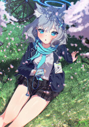 Rule 34 | 1girl, :&lt;, absurdres, animal ear fluff, animal ears, aqua scarf, arm support, bare legs, bicycle, black skirt, blue archive, blue jacket, blush, buttons, cherry blossoms, commentary, cross hair ornament, earbuds, earphones, falling petals, from above, grass, grey hair, hair ornament, halo, highres, jacket, looking at viewer, marimo daifuku, medium hair, mismatched pupils, name tag, on grass, open clothes, open jacket, open mouth, petals, plaid, plaid skirt, pleated skirt, scarf, shiroko (blue archive), shirt, sitting, skirt, solo, thigh gap, thighs, walkman, white shirt, wolf ears