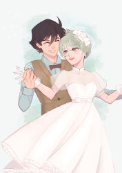Rule 34 | 1boy, 1girl, ^ ^, absurdres, aina saharin, alternate costume, black hair, blue shirt, bow, bow earrings, bride, brown vest, closed eyes, collared dress, collared shirt, couple, cowboy shot, dress, dress bow, earrings, formal, frilled dress, frills, gloves, green background, green eyes, green hair, grin, groom, gundam, gundam 08th ms team, hair between eyes, hair bun, hetero, highres, holding hands, husband and wife, jewelry, lace, lace gloves, looking at another, open mouth, puffy short sleeves, puffy sleeves, shiro amada, shirt, short hair, short sleeves, simple background, sleeve cuffs, smile, tuxedo, vest, watercolor background, wedding, wedding dress, white bow, white dress, white gloves, white veil, wing collar, zisshi