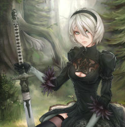 Rule 34 | 1girl, android, black dress, black hairband, black thighhighs, blonde hair, boots, breasts, cleavage, cleavage cutout, clothing cutout, dress, eyelashes, feather-trimmed sleeves, gloves, grass, green eyes, green thighhighs, hair between eyes, hairband, highres, holding, holding sword, holding weapon, juliet sleeves, lips, long sleeves, looking at viewer, medium breasts, mole, mole under mouth, nature, nier:automata, nier (series), no blindfold, outdoors, planted, planted sword, planted weapon, puffy sleeves, revision, short hair, silver hair, sitting, solo, sword, thigh boots, thighhighs, tree, tree stump, unsomnus, weapon, 2b (nier:automata)
