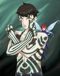 Rule 34 | 1boy, 1girl, black hair, ememtrp, fairy, fairy wings, floating, full-body tattoo, green background, highres, demi-fiend, pixie (megami tensei), red eyes, red hair, self-upload, shin megami tensei, shin megami tensei iii: nocturne, shin megami tensei v, short hair, tattoo, thighhighs, topless male, wings, yellow eyes