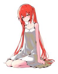 Rule 34 | 1girl, arm support, bare arms, blush, breasts, closed mouth, collarbone, commentary request, danbal, dress, full body, hair between eyes, highres, korean commentary, light smile, long hair, looking at viewer, orange eyes, original, red hair, seiza, simple background, sitting, sleeveless, sleeveless dress, small breasts, solo, twintails, white background, white dress