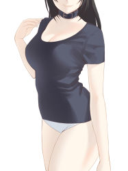 Rule 34 | 1girl, bad id, bad pixiv id, black hair, breasts, cleavage, collar, contrapposto, highres, long hair, original, out of frame, panties, shirt, simple background, smile, solo, standing, t-shirt, underwear, white background, x&amp;x&amp;x